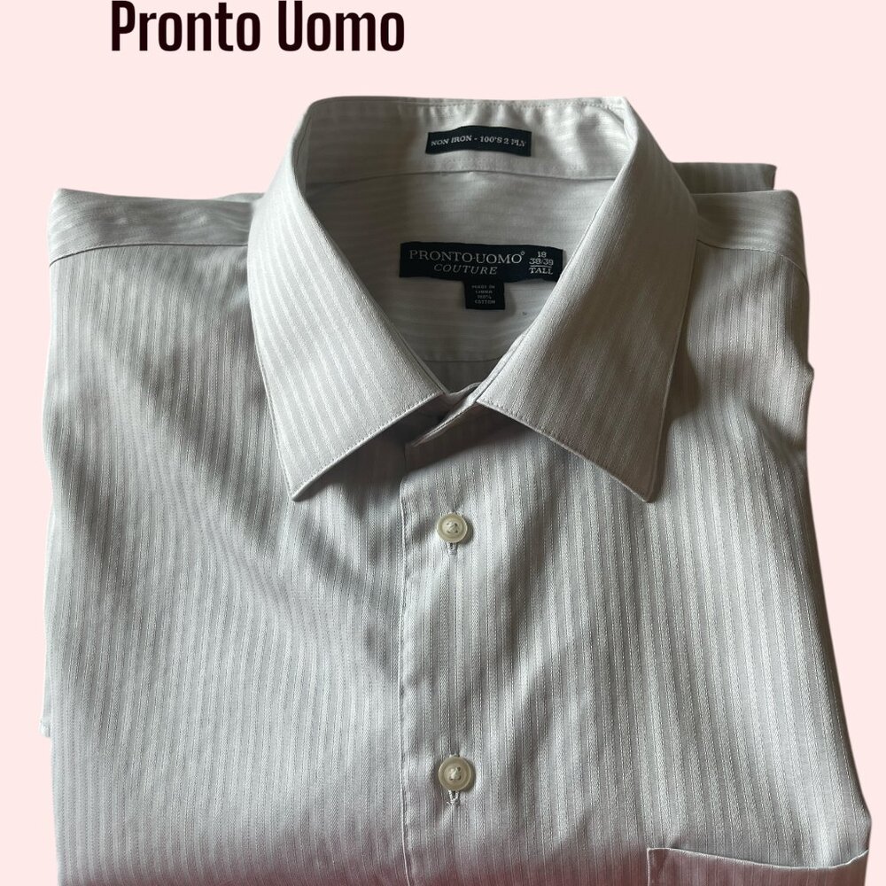 Pronto Uomo Big Tall Dress Shirt 18T 38/39 Grey Tonal Stripe Wearhouse EUC